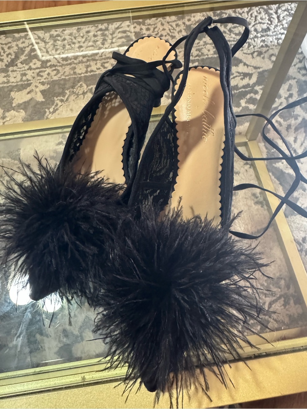 Nicola Bathie Black Feather Pom-Pom Lace-Up Heels